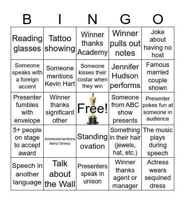 2019 Academy Awards Bingo Card