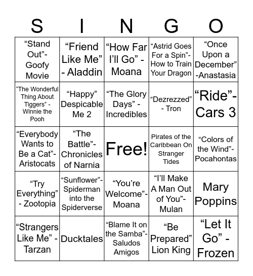 Disney and Animated Movies Bingo Card