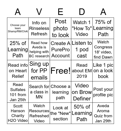 Aveda PurePro Bingo Card