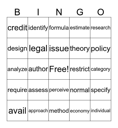 Academic Word Grid Bingo Card