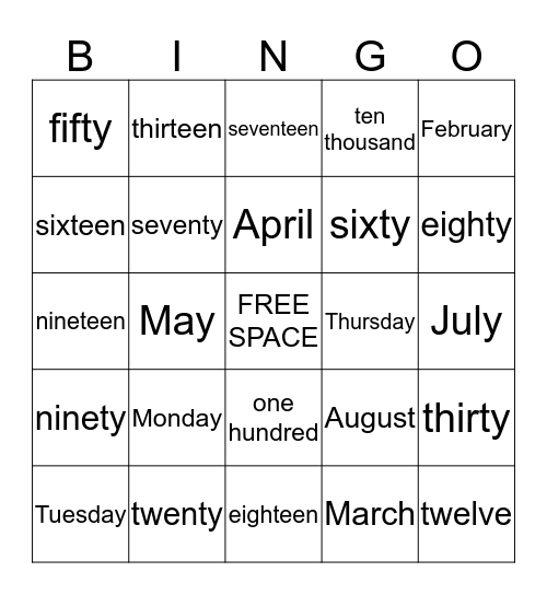 Dates, Numbers and Counting Bingo Card