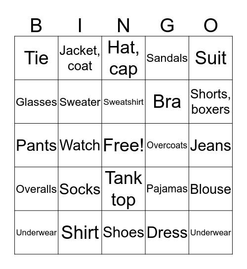 Master ASL Unit 7 Clothing Bingo Card