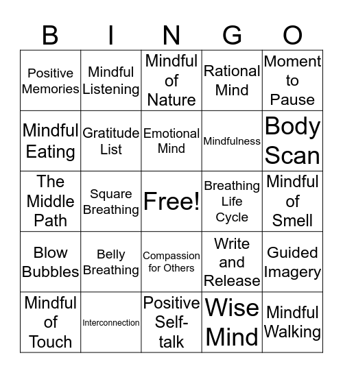 DBT Mindfulness Bingo Card