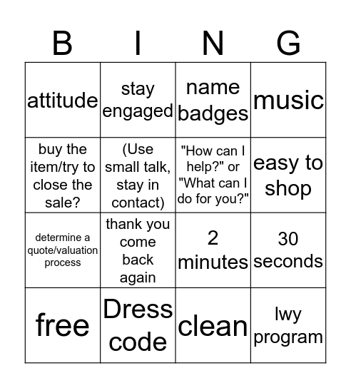 Customer Service  Bingo Card