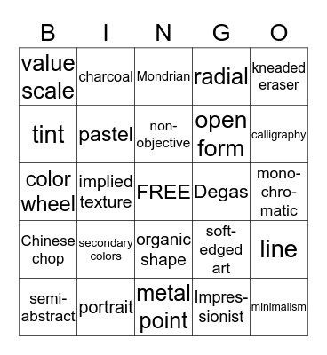 Elements-Principles-Art Genres-Drawing Materials Bingo Card