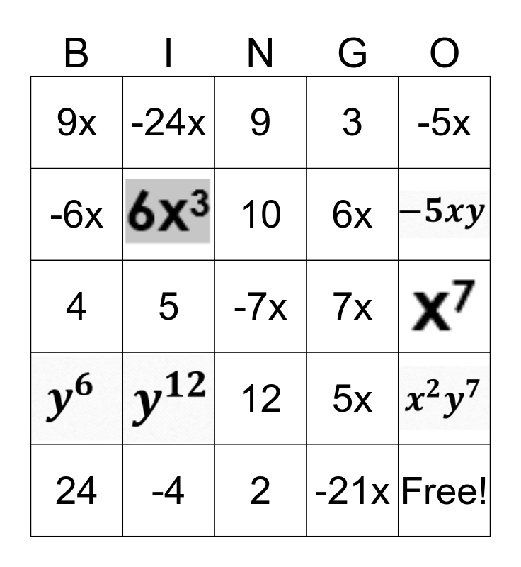 Greatest Common Factor Bingo Card