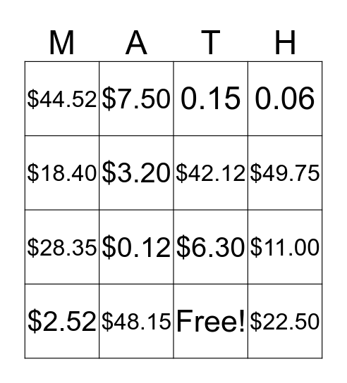 Tax, Tip, and Discount Bingo Card