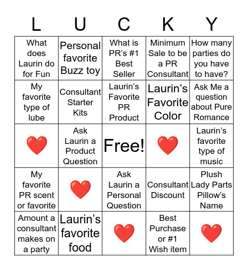 Pure Romance Get Lucky Bingo Card
