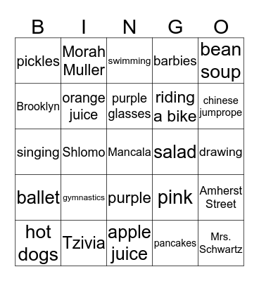 Aliza's Bingo Game! Bingo Card