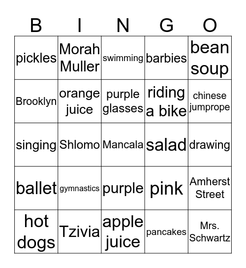 Aliza's Bingo Game! Bingo Card