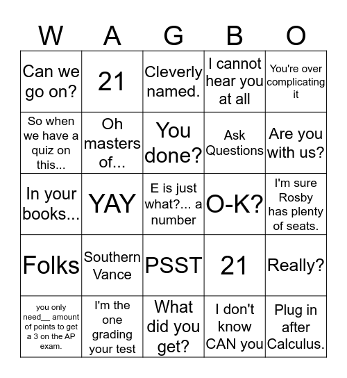 WAGBO Bingo Card