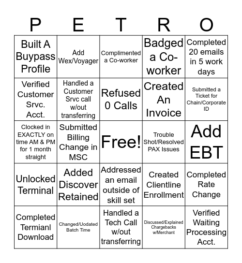 PETRO Bingo Card