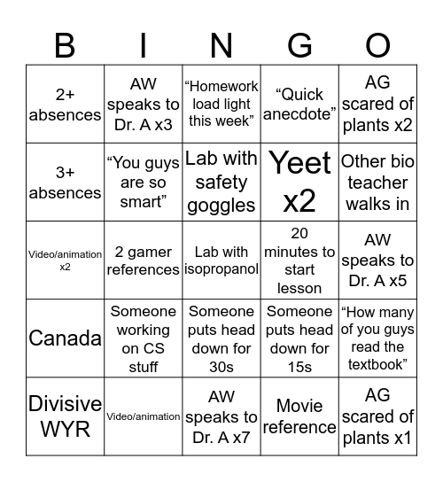 Bio Bingo (middle is free) Bingo Card