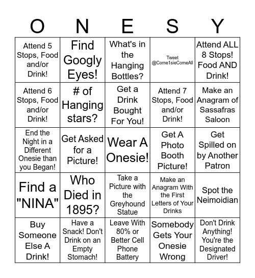 Come Onesie Come All!  FOUR It's Time to Bar Crawl! Bingo Card