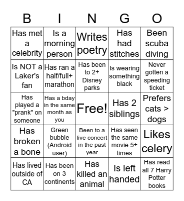 Let's get to know each other! Bingo Card