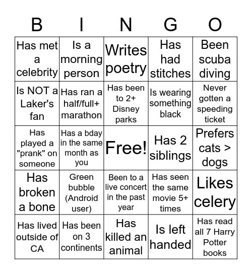 Let's get to know each other! Bingo Card