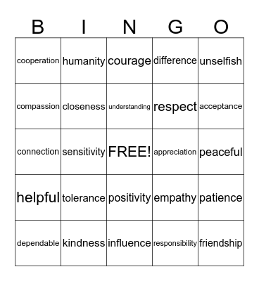 Tolerance and Compassion Bingo Card