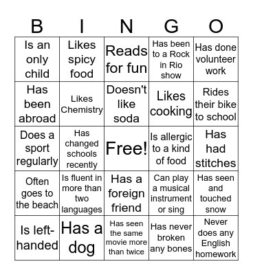Questions Bingo Card