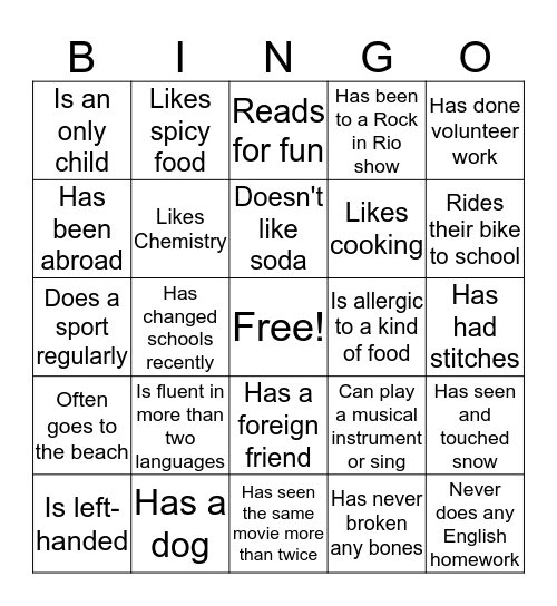 Questions Bingo Card