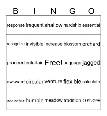4th grade vocab Bingo Card