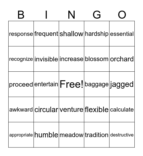 4th grade vocab Bingo Card