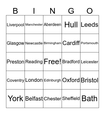 Cities in the UK Bingo Card