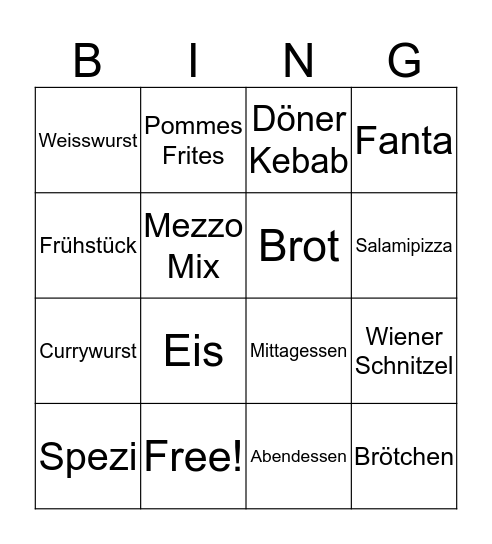 German Food Bingo Card