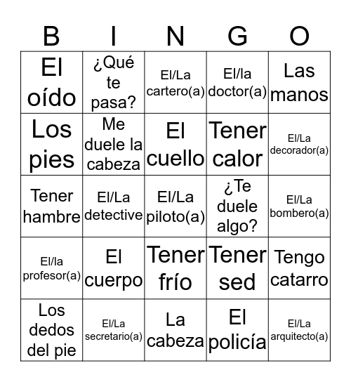 Spanish 1 Quarter 3 Topics 3 & 4 Bingo Card