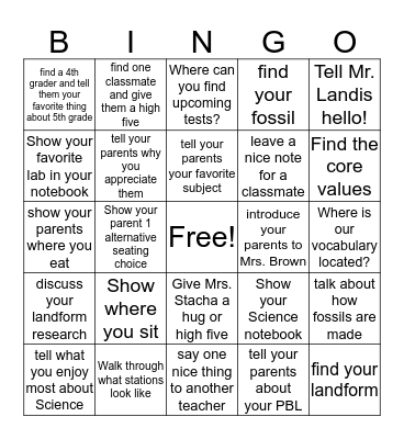Open House - Mrs. Noska Bingo Card