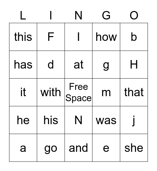 Most  Common Words  (1st) Bingo Card