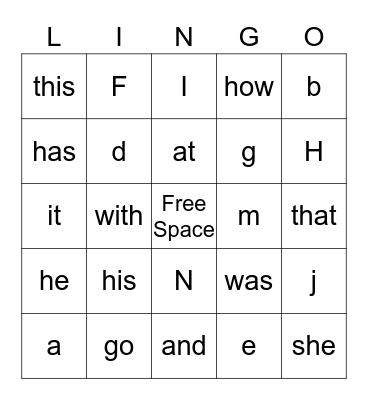 Most  Common Words (1st) Bingo Card