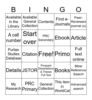 William Perkins Library Bingo Card