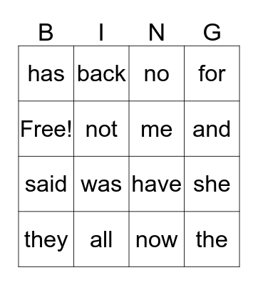 Sight Words Bingo Card