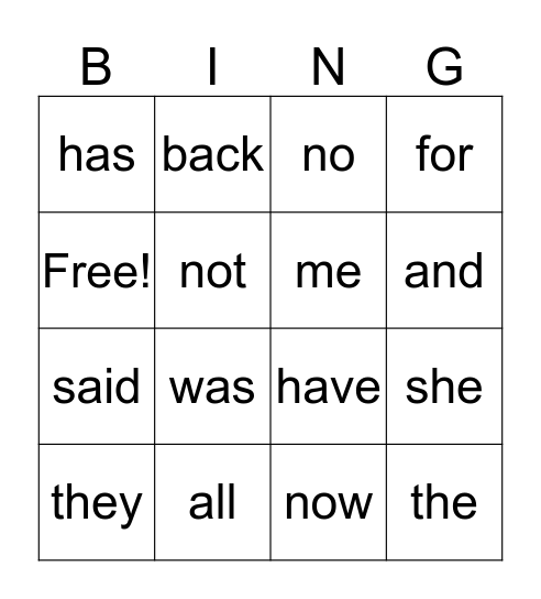 Sight Words Bingo Card