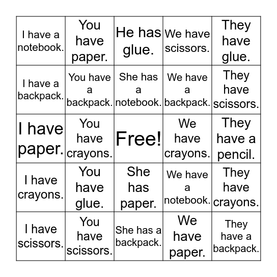 Pronoun Practice Bingo Card