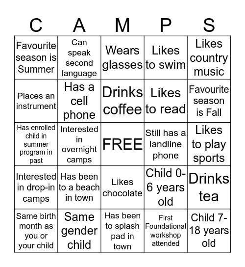 CAMPS Bingo Card