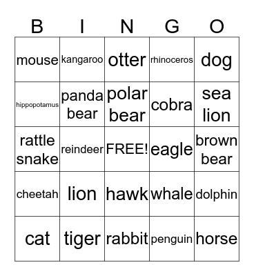 Animal Bingo Card