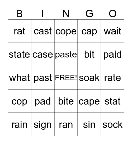 Short/ Long words Bingo Card