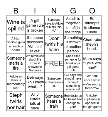 Family Phrase Bingo Card