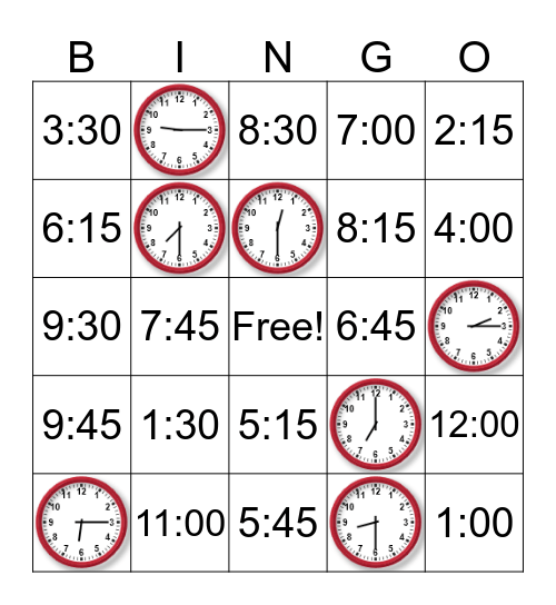 Telling Time Bingo Card