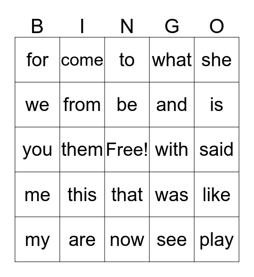 SIGHT WORD BINGO  Bingo Card