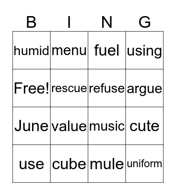 Spelling Words Bingo Card