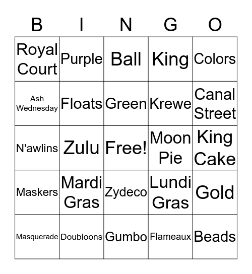 MARDI GRAS Bingo Card