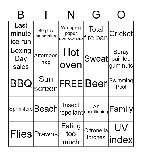 Australian Christmas Bingo Card