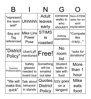 2019 Trip Meeting Bingo Card