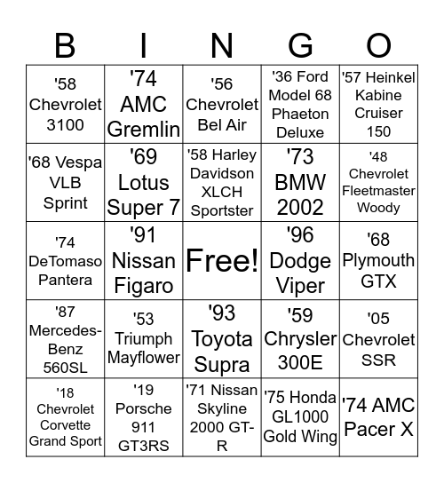 Revved Up Friday Bingo Card