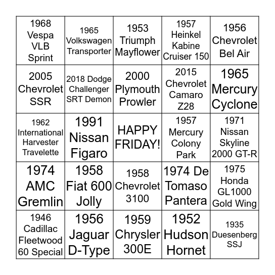 Revved Up Friday Bingo Card