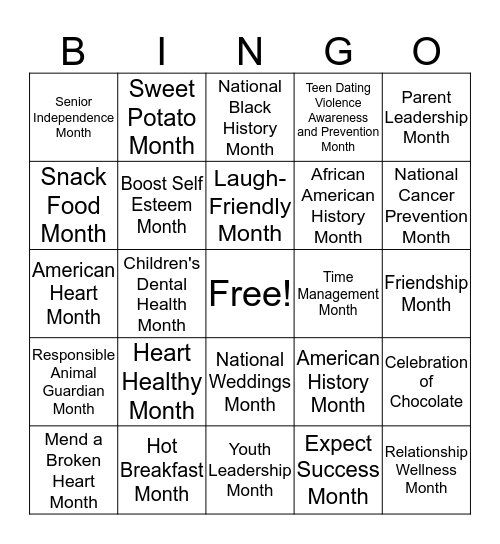 February Observances Bingo Card