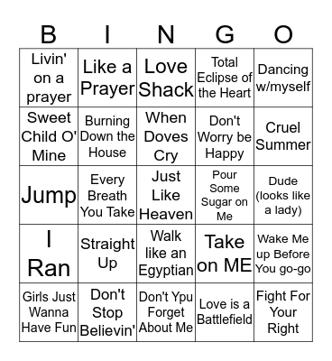 Music Bingo 80'd Style Bingo Card