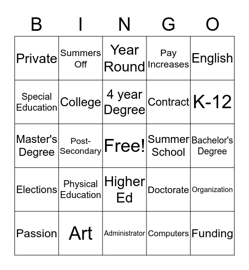 Want to Work in Education Bingo Card